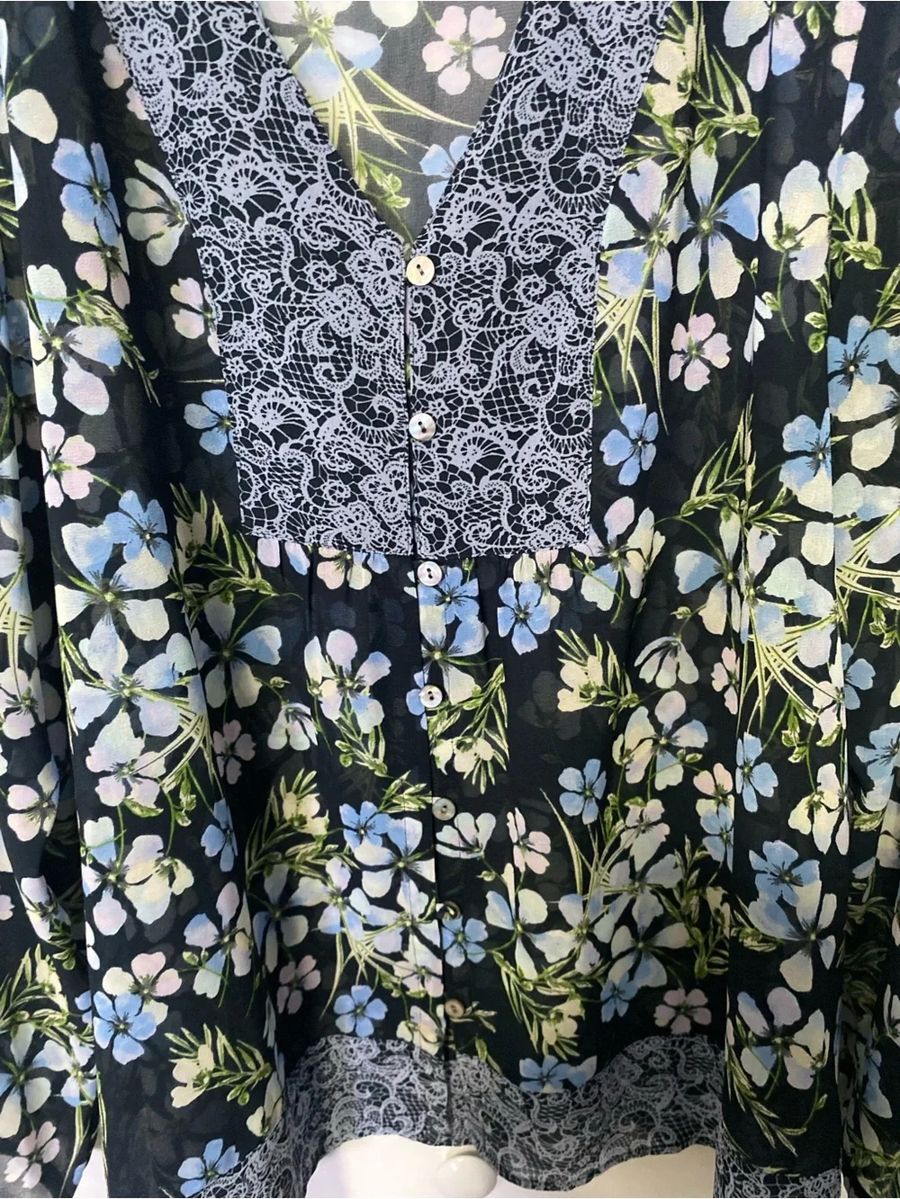 J Jill Navy Floral Lace V-Neck Peasant Blouse